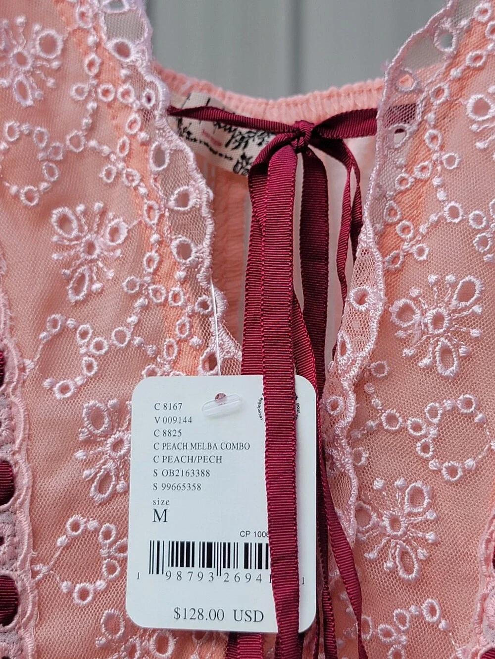 Free People Peach Pink Eyelet Cotton Romper with Maroon Tie NWT